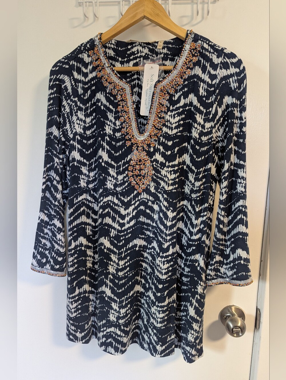 Soft Surroundings Navy and White Embroidered Tie-Dye Tunic - Picture 2 of 6